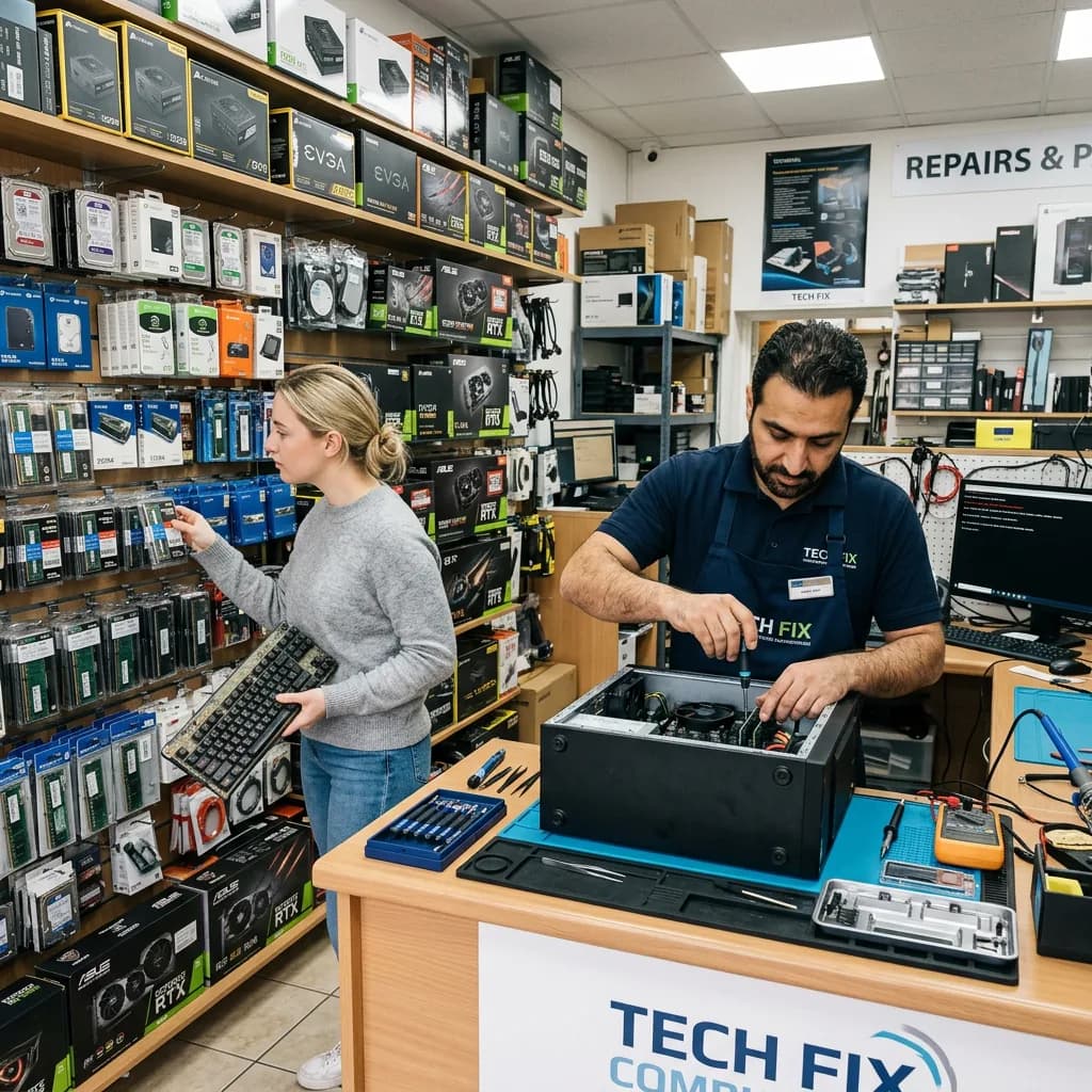 Technician repairing a desktop PC at the counter of a computer and electronics shop while a customer browses